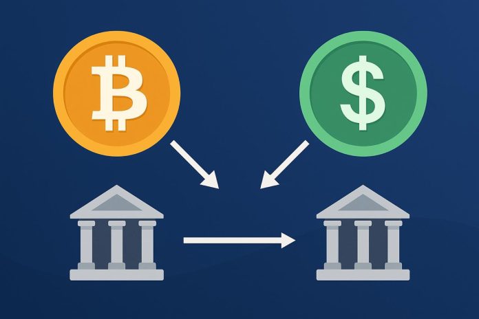 Bank with crypto dollar and bitcoin mootive