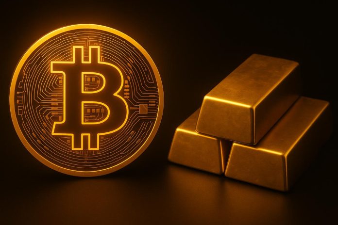 Bitcoin token and Gold bar