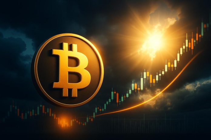 Bitcoin token showing light and uptrend