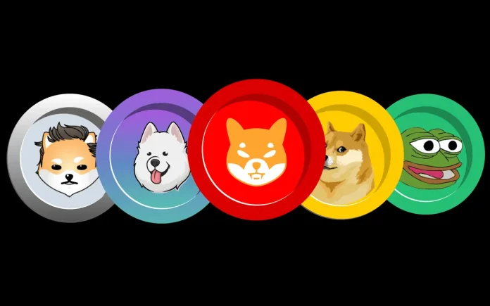 Meme coins logos next to each other - pepe, doge, shia inu